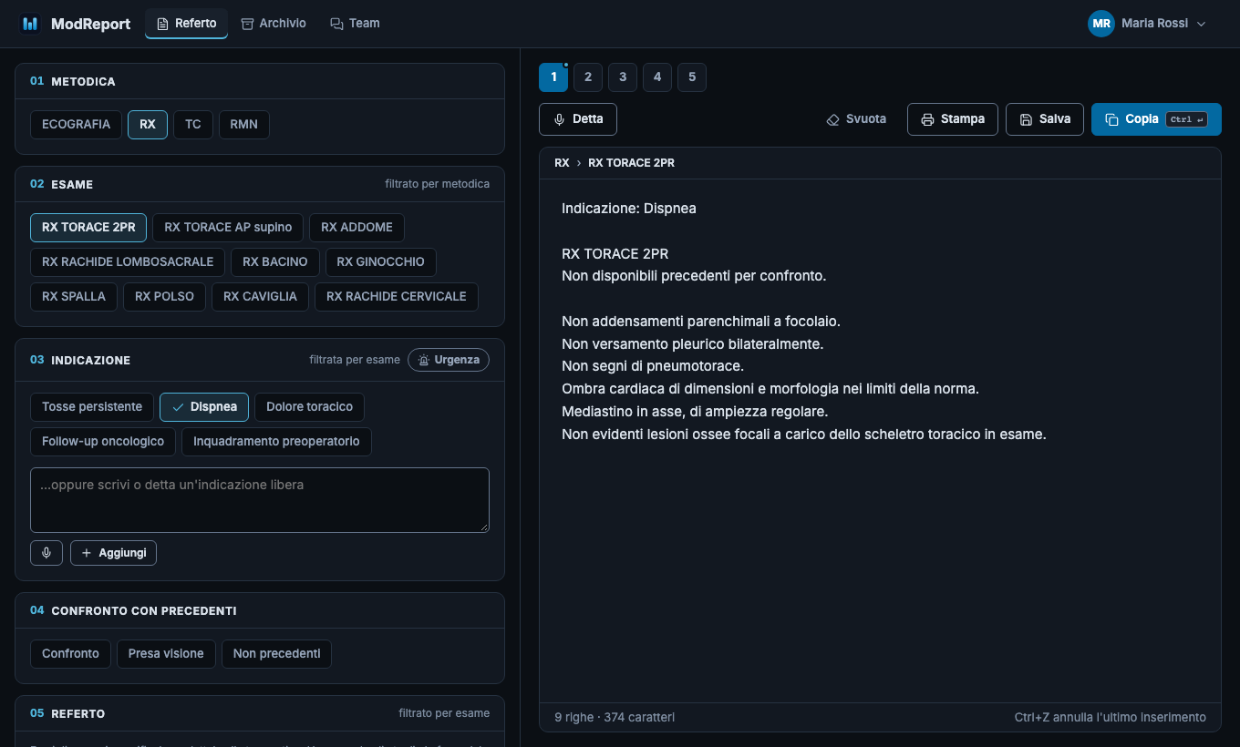 L'editor di ModReport: a sinistra metodica, esame, indicazione e frasi del referto; a destra il testo di una RX torace in composizione.
